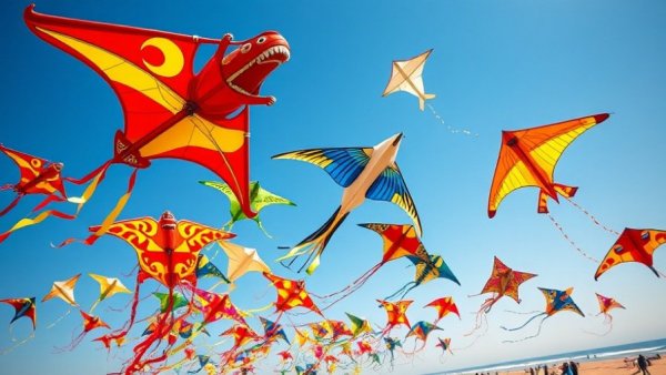 Colorful kites soaring at beach festival under blue sky.