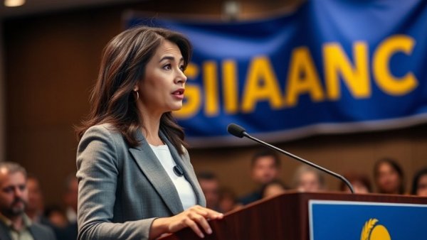 Confident speaker at podium during NJ tariffs lawsuit event.