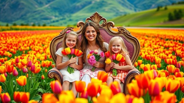 Tulip Festival New Jersey: Happy family in colorful tulip field.