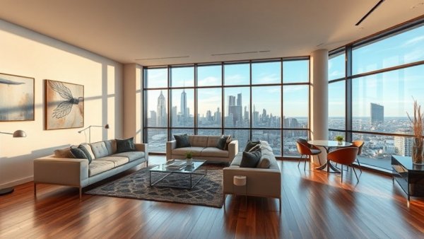 Luxury listings Jersey City modern living room with skyline view.