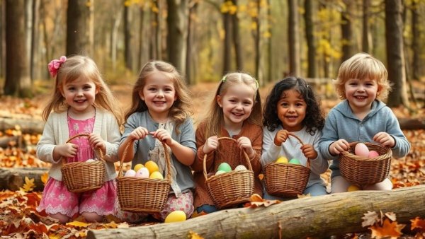 Children enjoying an Easter egg hunt in a New Jersey forest.
