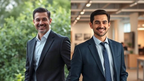 Two men in suits smiling in different settings.