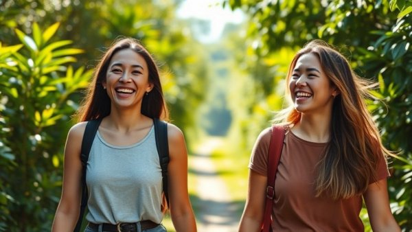 Smiling women on a path promoting breast cancer patient advocacy in nature.