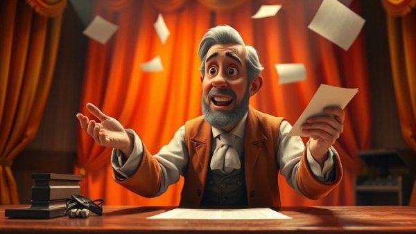 Historical figure animated in vibrant stage setting, Mesmerized.