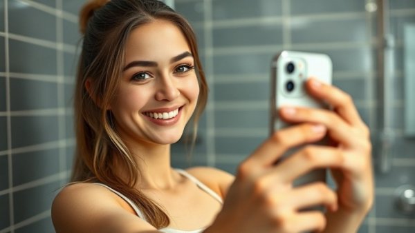 Young woman taking selfie in modern bathroom with tiled wall.