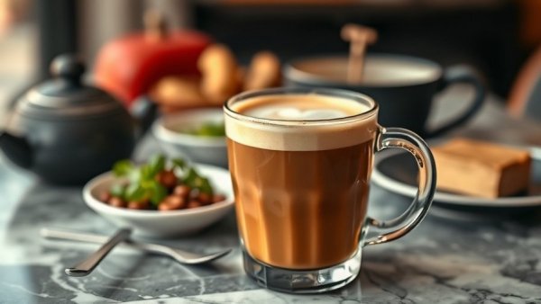 Latte in a New Jersey restaurant setting with coffee beans.