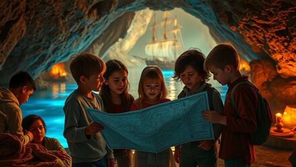 Kids exploring treasure map in mystical cave at NJPAC events.