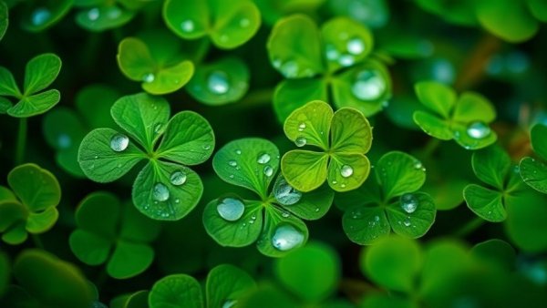 Vibrant clover leaves with dew drops in lush greenery.