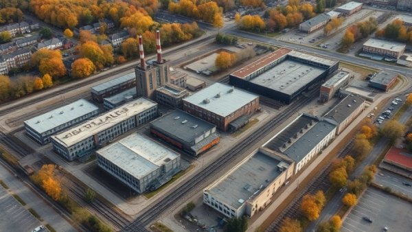 Aerial view of old industrial site indicating redevelopment potential.