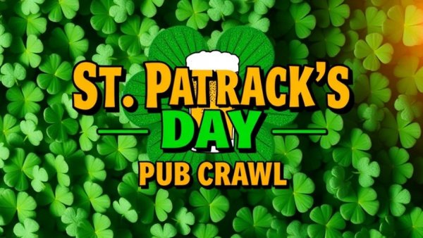 St. Patrick's Day pub crawls NJ event poster with shamrock and beer.