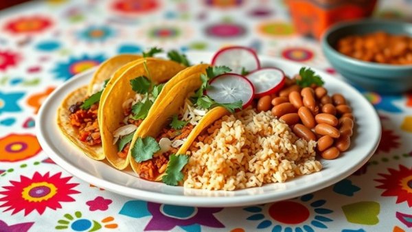 Mexican cuisine plate with tacos, rice, and beans on patterned tablecloth.