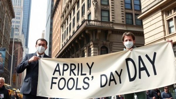 April Fools' Day Parade NYC 2026 banner held by masked individuals.
