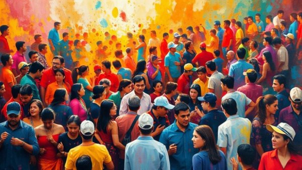 Vibrant abstract painting of a lively crowd scene depicting Jersey City arts scene.