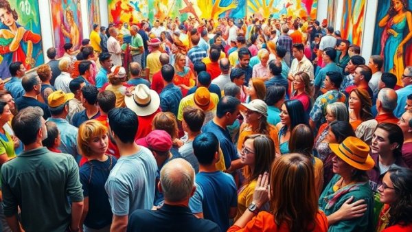 Colorful abstract painting of a lively crowd at Art Official Intelligence exhibition Jersey City.