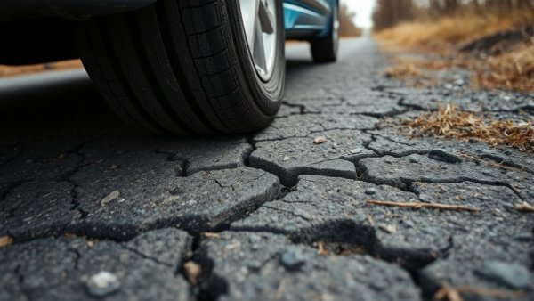 Blue car tire on a New Jersey road with potholes.