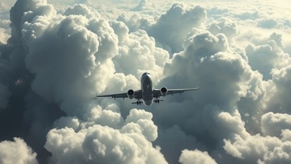 Majestic airplane soaring through dramatic clouds at Newark Liberty Airport.