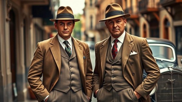 1930s vintage-dressed men stand near antique car, vibrant scene.
