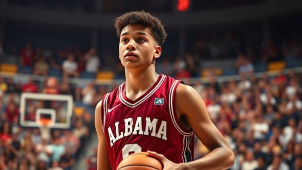 Alabama basketball player during a game in a crowded arena.