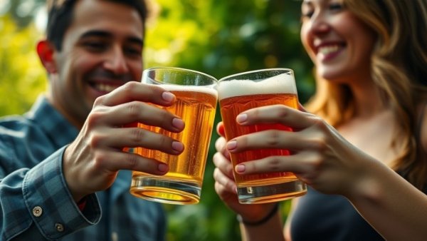 Two people toasting with beer glasses in a sunny garden setting - NJ brewery news.