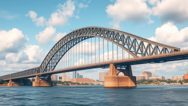 Newark Bay Bridge spanning river under cloudy sky.