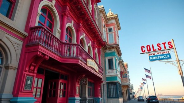 Historic building entrance at New Jersey boardwalk with architectural details.