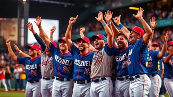 Venezuelan baseball team celebrating World Baseball Classic win