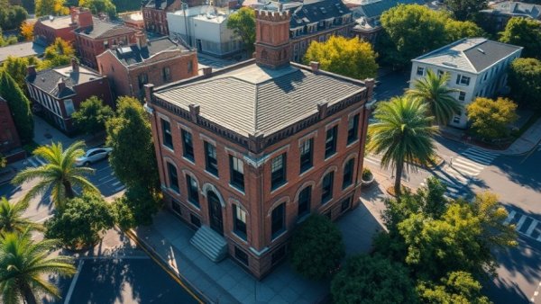 Aerial view of a historic building near a Newark homeless shelter.