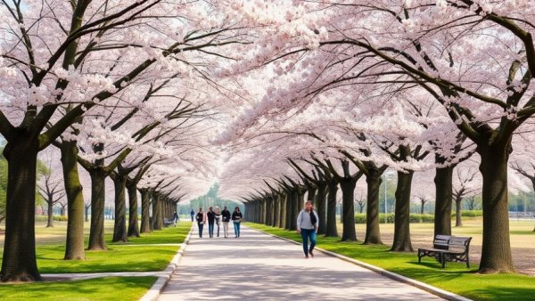 Cherry Blossom Viewing in New Jersey park path with benches and blooms.
