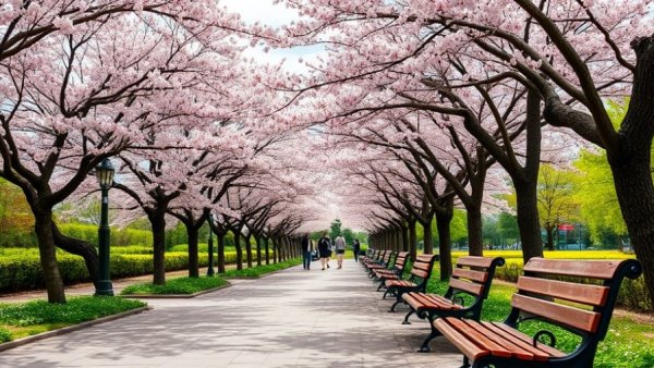 Blooming cherry blossoms in New Jersey park with benches and path.