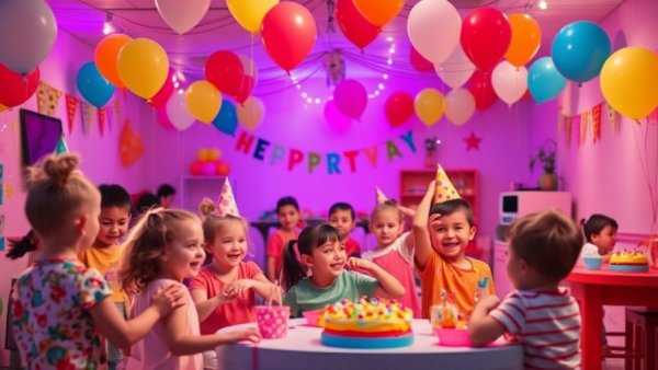 NJ birthday party places, children enjoy a lively party room with balloons.
