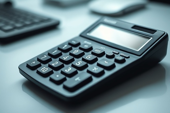 sleek bookkeeping calculator, focused, tallying numbers, photorealistic, minimalist office decor, highly detailed, digital screen glowing, 85mm lens, black and metallic hues, studio lighting, shot with a prime lens.