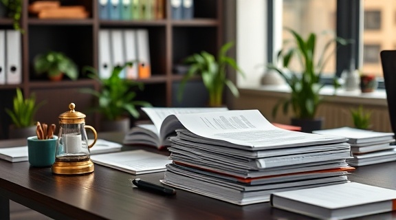 neat bookkeeping desk, content, organizing documents, photorealistic, tidy office with plant decorations, highly detailed, coffee steaming, 50mm lens, dark wood and green accents, warm ambient lighting, shot with a zoom lens.