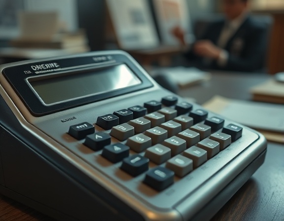 vintage bookkeeping calculator, intrigued, pressing buttons, photorealistic, retro office atmosphere, highly detailed, tactile button sounds, 70mm lens, grey and silver, moody side lighting, shot with a portrait lens.