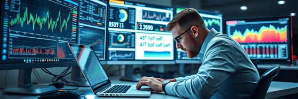 high-tech bookkeeping laptop, concentrated, analyzing charts, photorealistic, tech-filled workspace with multiple screens, highly detailed, graphs updating, 28mm lens, sleek silver, LED desk lighting, shot with a wide-angle lens.