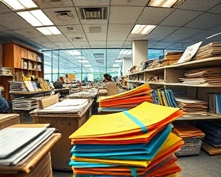 chaotic bookkeeping paperwork, stressed, shuffling files, photorealistic, vibrant office with colorful folders, highly detailed, sticky notes galore, 18mm lens, yellow and blue contrasts, bright ceiling lights, shot with a fisheye lens.