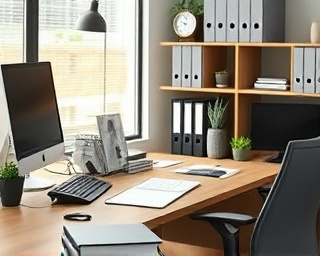structured bookkeeping desk, efficient, aligning items, photorealistic, ergonomic office environment, highly detailed, mouse clicking sound, 40mm lens, light natural woods and greys, soft task lighting, shot with a standard lens.