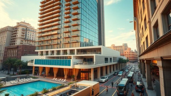 Luxury Wildwood hotel exterior with rooftop pool and shops