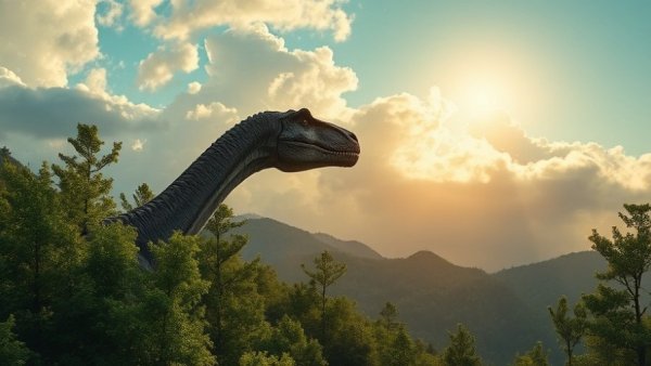 New Jersey theater dinosaur-themed film scene with mountain backdrop.
