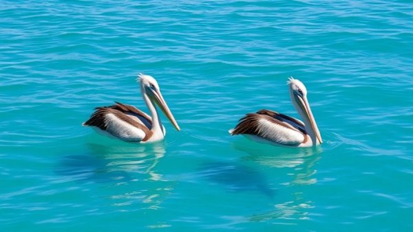 Pelicans floating in clear turquoise water at the Jersey Shore vs Florida.