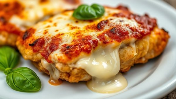 Close-up of best chicken parm in Bergen County with basil and cheese.