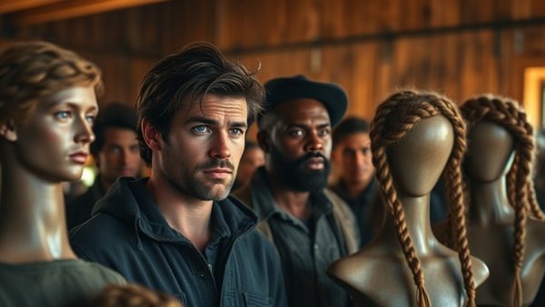 Men braiding hair on mannequins in a rustic setting for NJ family events calendar.