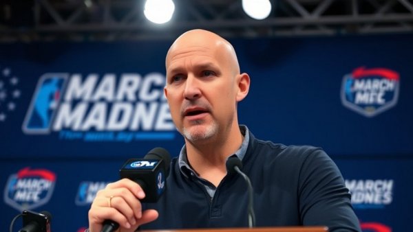 Arizona State hires Randy Bennett; man speaking at March Madness conference.