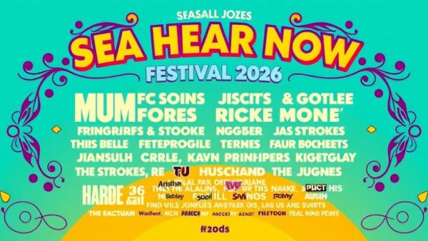 Sea Hear Now Festival 2026 lineup poster featuring artists like Mumford & Sons and The Strokes.