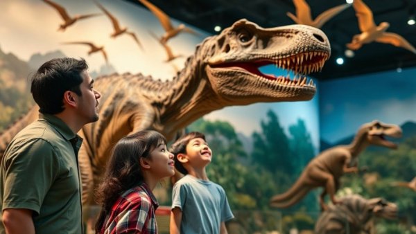Family looking at dinosaurs in New Jersey museum exhibit during dino egg hunt.