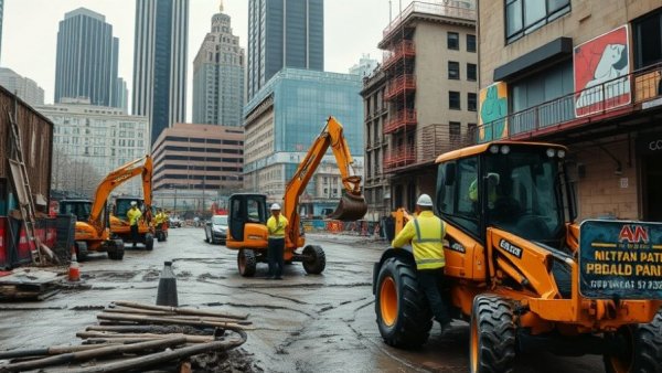Construction site for affordable housing in Newark with workers and machinery in action.