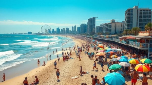 Crowded beach scene in New Jersey with cityscape, ideal for April events.