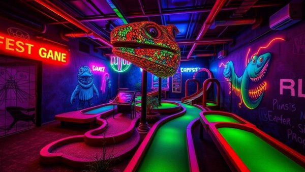 Monsters Mayhem Zone Mini Golf in vibrant neon colors and monster murals.