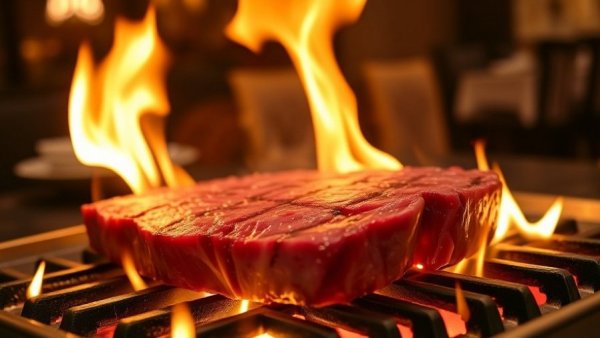 All-you-can-eat wagyu steak grilling over open flames.