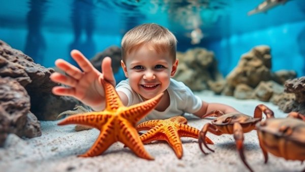 Child exploring touch tank with starfish; things to do in NJ with kids.