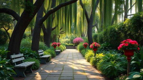 Lush New Jersey botanical gardens pathway with stone benches.